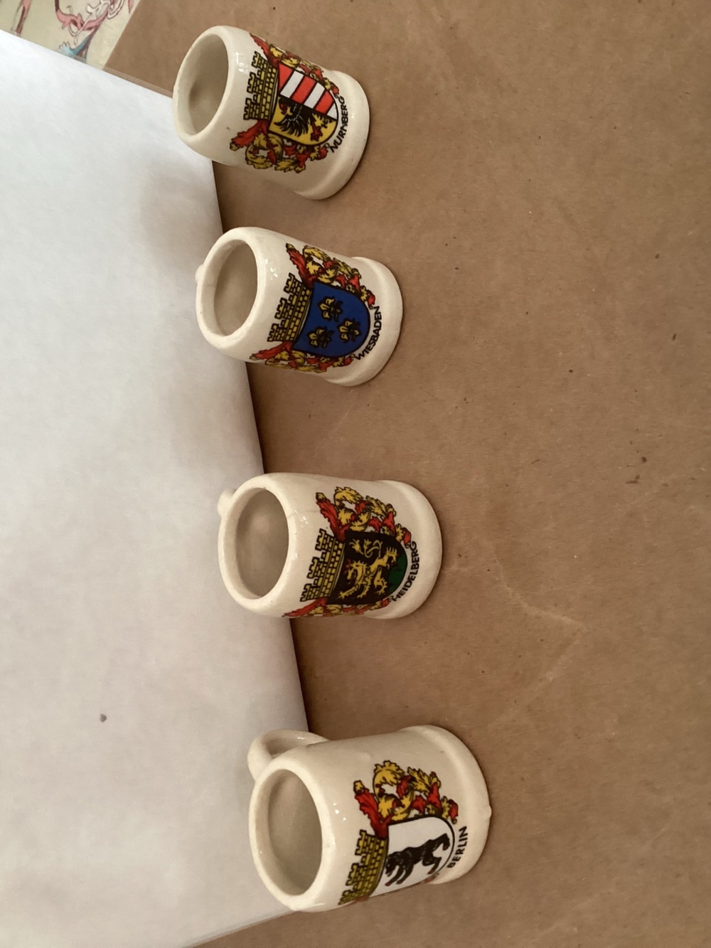 Source Unknown German Ceramic Mini Stein Set with Multicolor Heraldic Crests